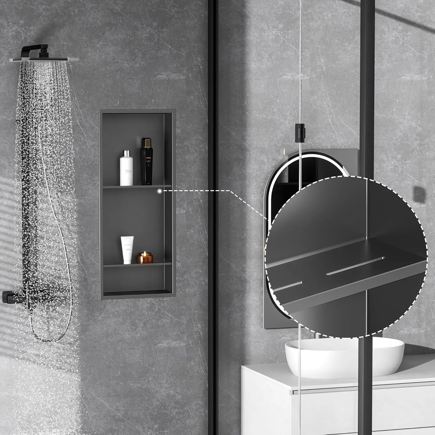 Stainless Steel Shower Niche 12" X 29", No Tile Needed Wall Niche Three-Tier Shower Niche Shelf, Recessed Niche Shower for Bathroom Storage, Gun Metal