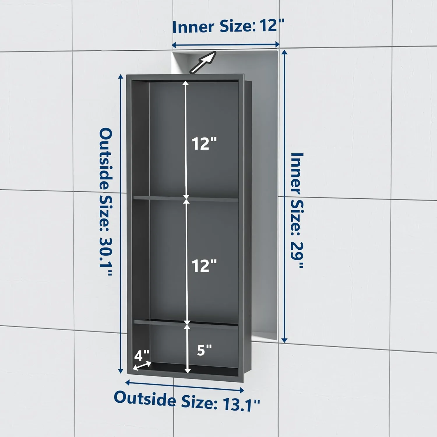 Stainless Steel Shower Niche 12" X 29", No Tile Needed Wall Niche Three-Tier Shower Niche Shelf, Recessed Niche Shower for Bathroom Storage, Gun Metal