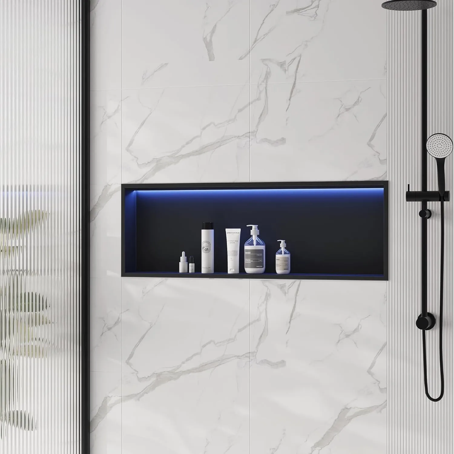 Stainless Steel Shower Niche 36" X 12" with RGB LED Light, Recessed Niche for Bathroom Storage, Matte Black