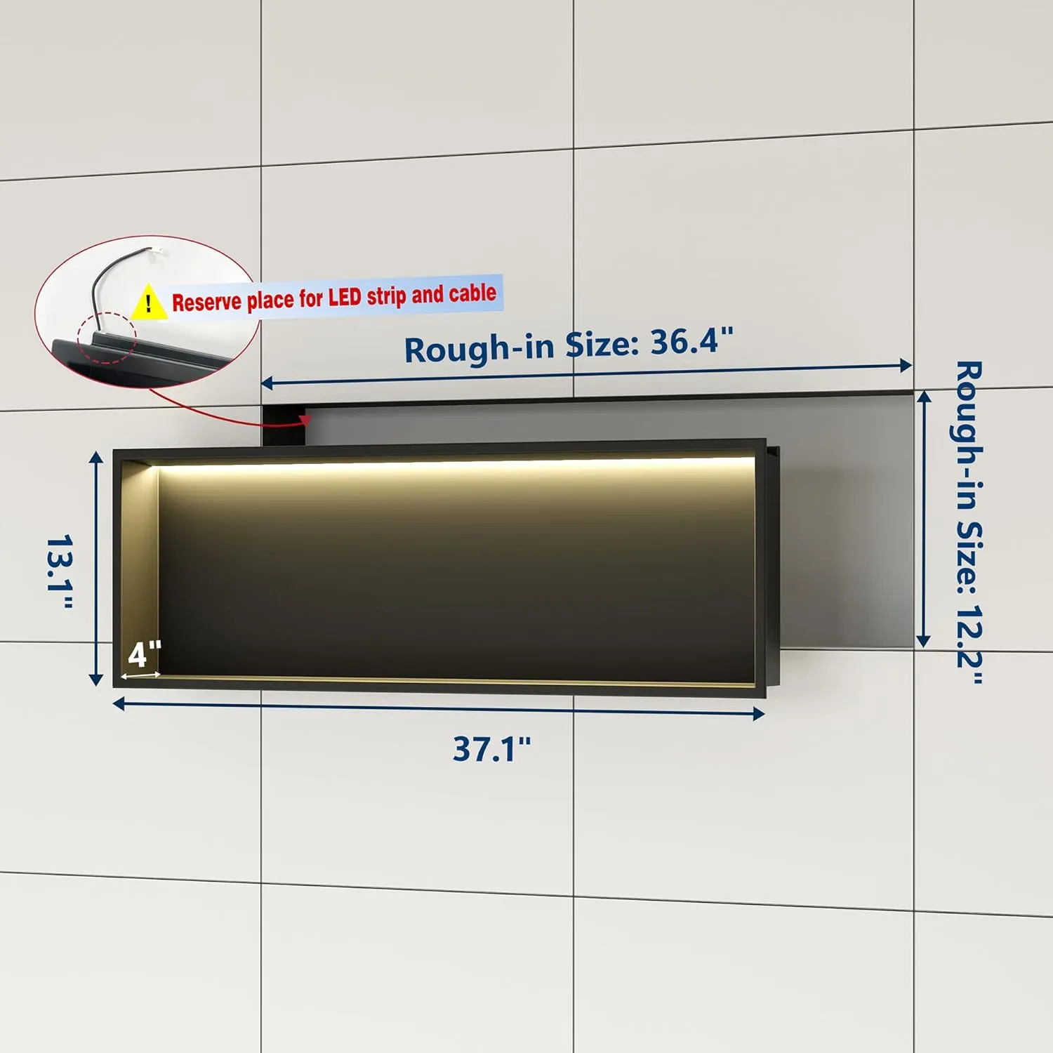 Stainless Steel Shower Niche 36" X 12" with RGB LED Light, Recessed Niche for Bathroom Storage, Matte Black