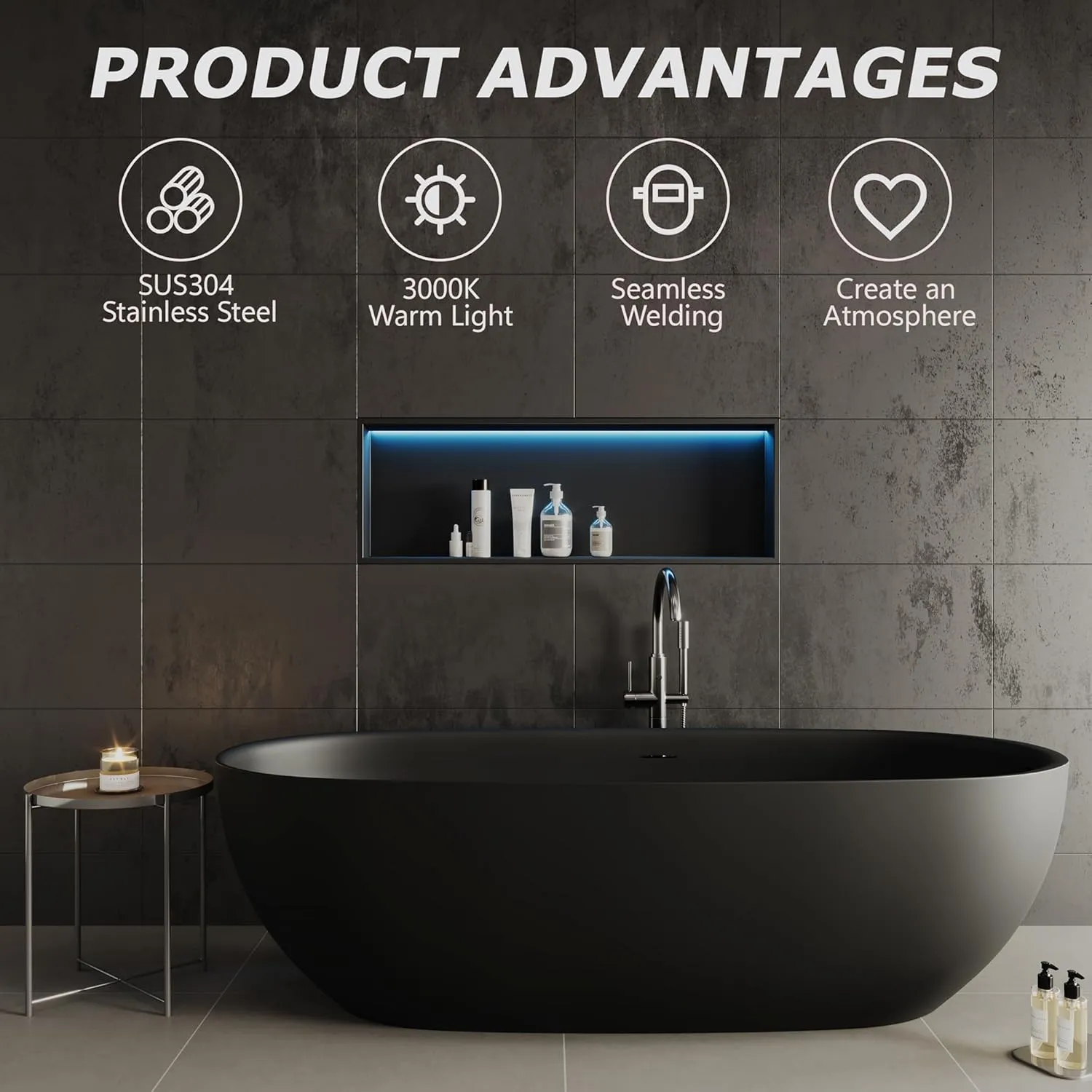 Stainless Steel Shower Niche 36" X 12" with RGB LED Light, Recessed Niche for Bathroom Storage, Matte Black