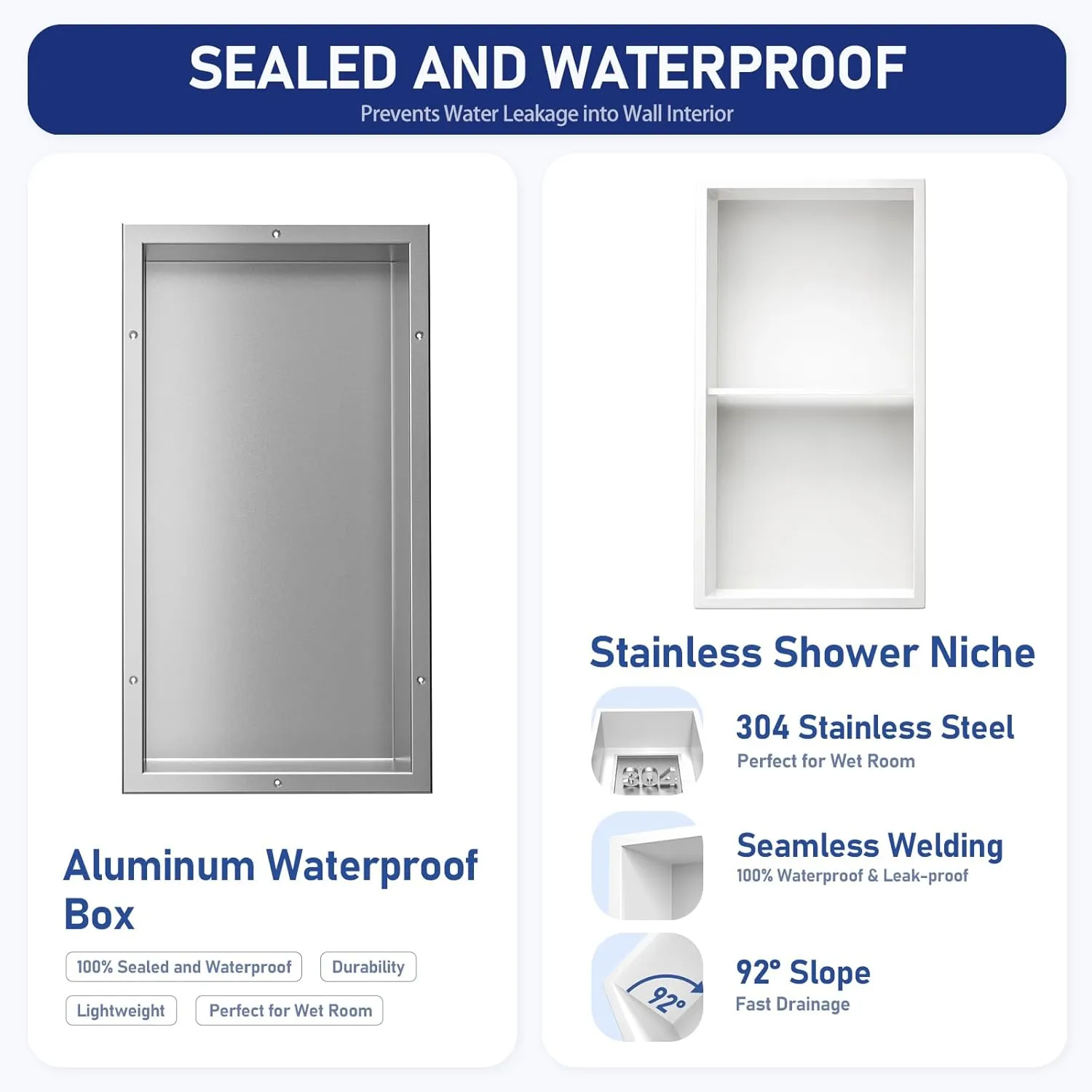 Stainless Steel Shower Niche White with Shelf 24" X 12" No Tile Need Niche Shower for Bathroom Wall Storage with Aluminum Waterpoof Box