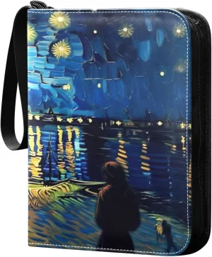 Starry Night Painting Card Binder 4-Pocket, 400 Pockets PU Waterproof Zippered Collector Card Album with 50 Removable Sleeves for Trading, Game Cards