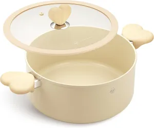 Stock Pot with Lid, 6 Quart Pot with Nonstick Cream Interior, Nonstick Soup Pots with Cool-Touch Heart-Shaped Handles, Stylish Cooking Pots with Lid, Induction Compatible, Cream Color