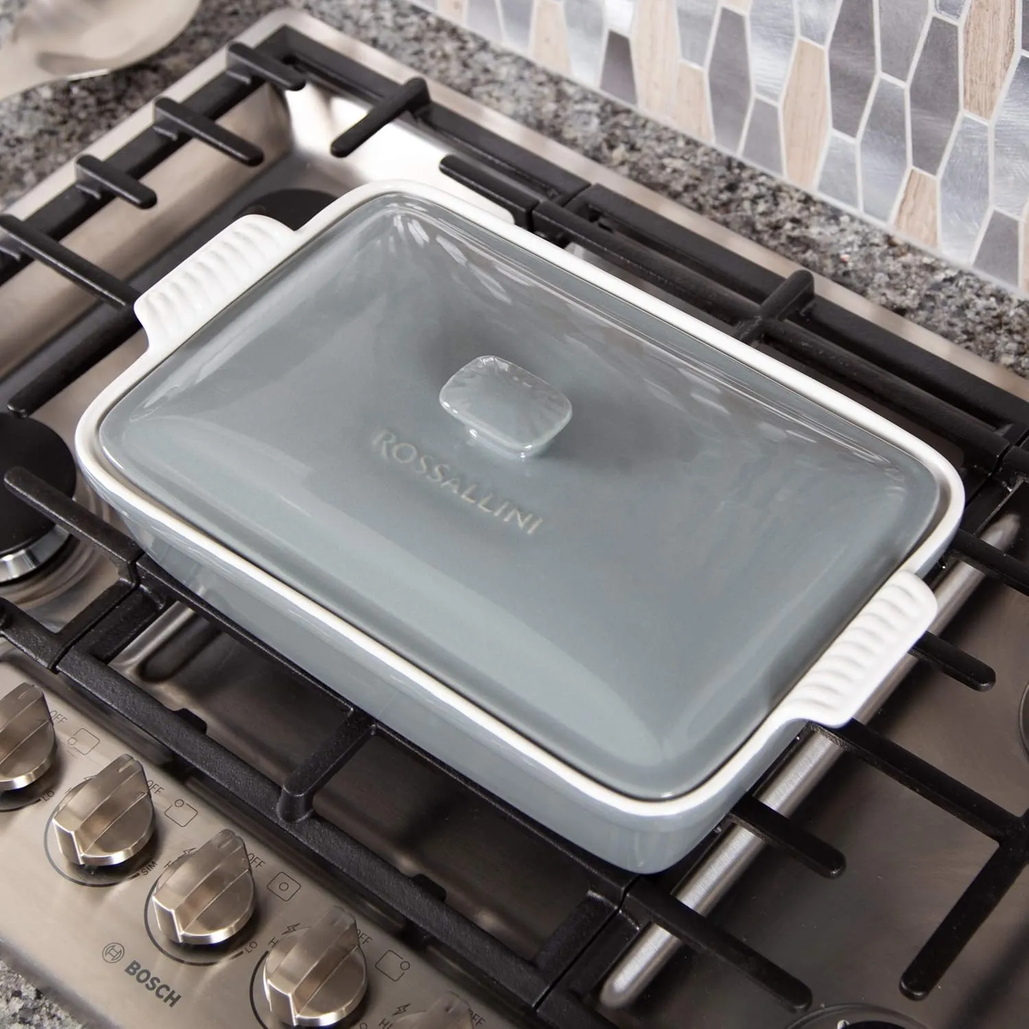 Stoneware Casserole Dish Bakeware Set with Lid, Covered Rectangular Dinnerware, Extra Large 4.23 Quart, 13 by 9 Inch, Grigio [Grey]