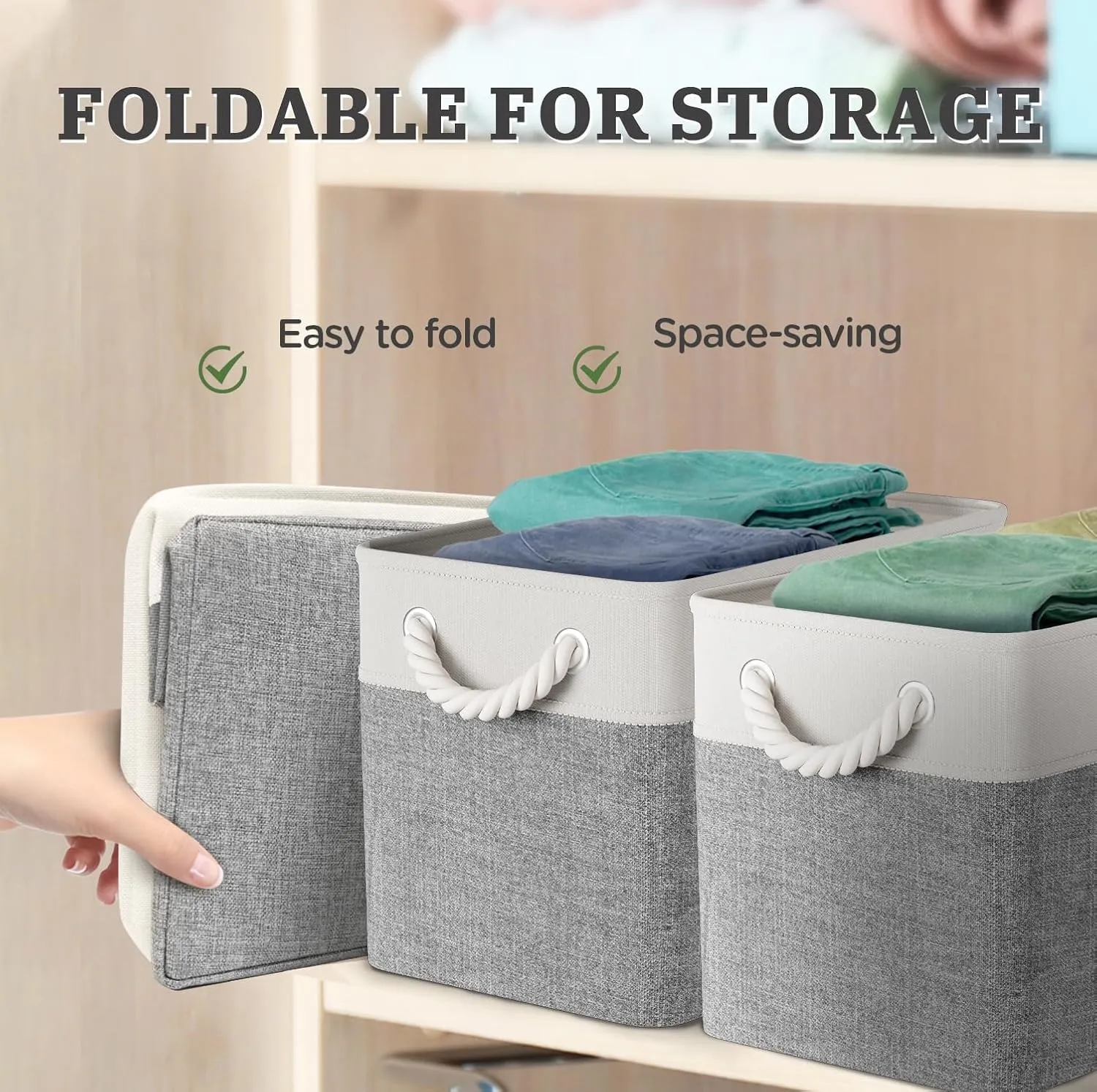 Storage Baskets - Natural Breathable Cotton Linen Material and Durable Handles - Collapsible Storage Bins for Organizing Shelves, Closet, Toys, Books