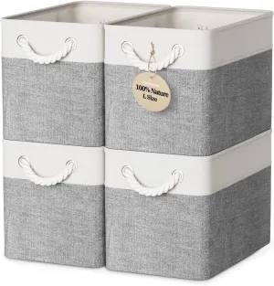 Storage Baskets - Natural Breathable Cotton Linen Material and Durable Handles - Collapsible Storage Bins for Organizing Shelves, Closet, Toys, Books