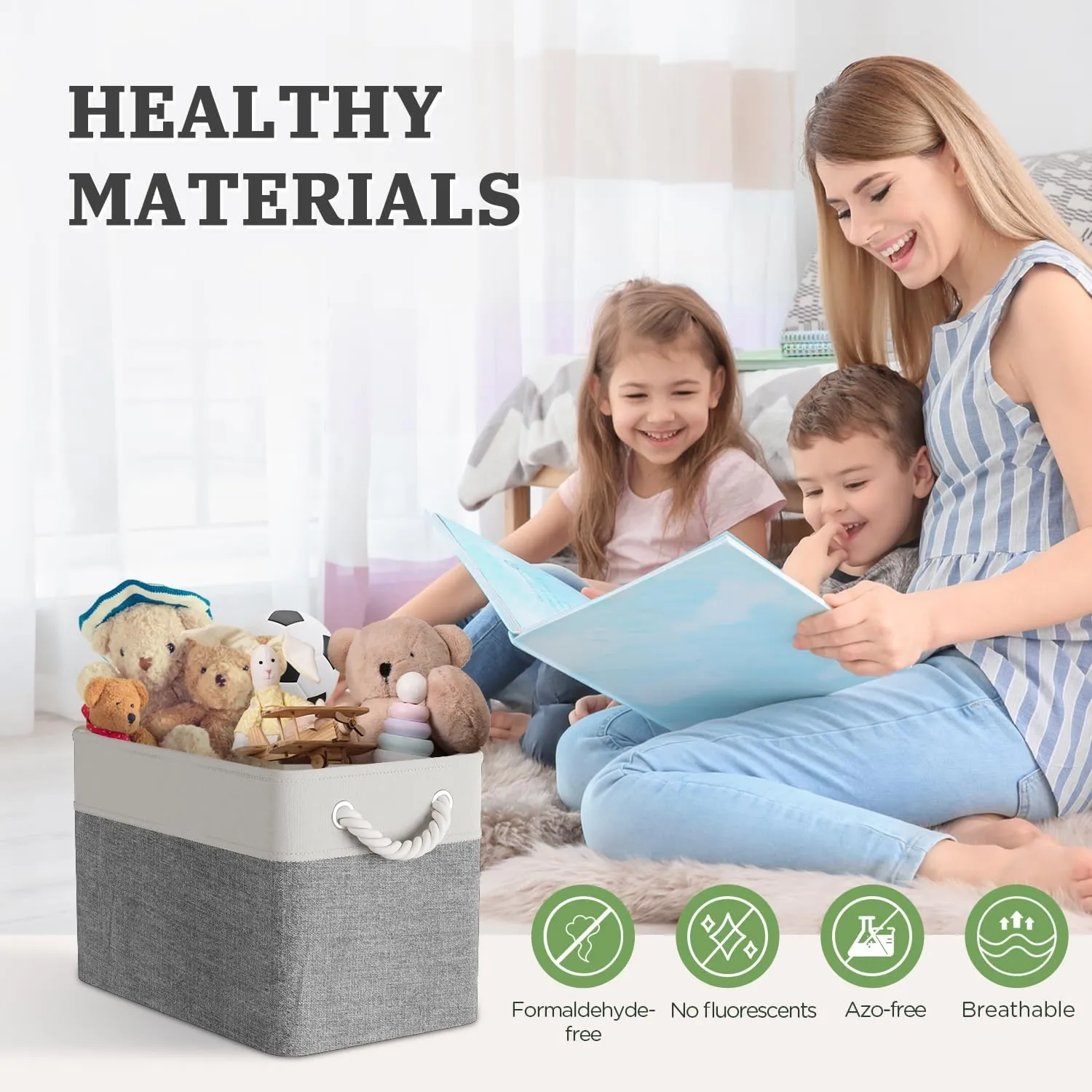 Storage Baskets - Natural Breathable Cotton Linen Material and Durable Handles - Collapsible Storage Bins for Organizing Shelves, Closet, Toys, Books