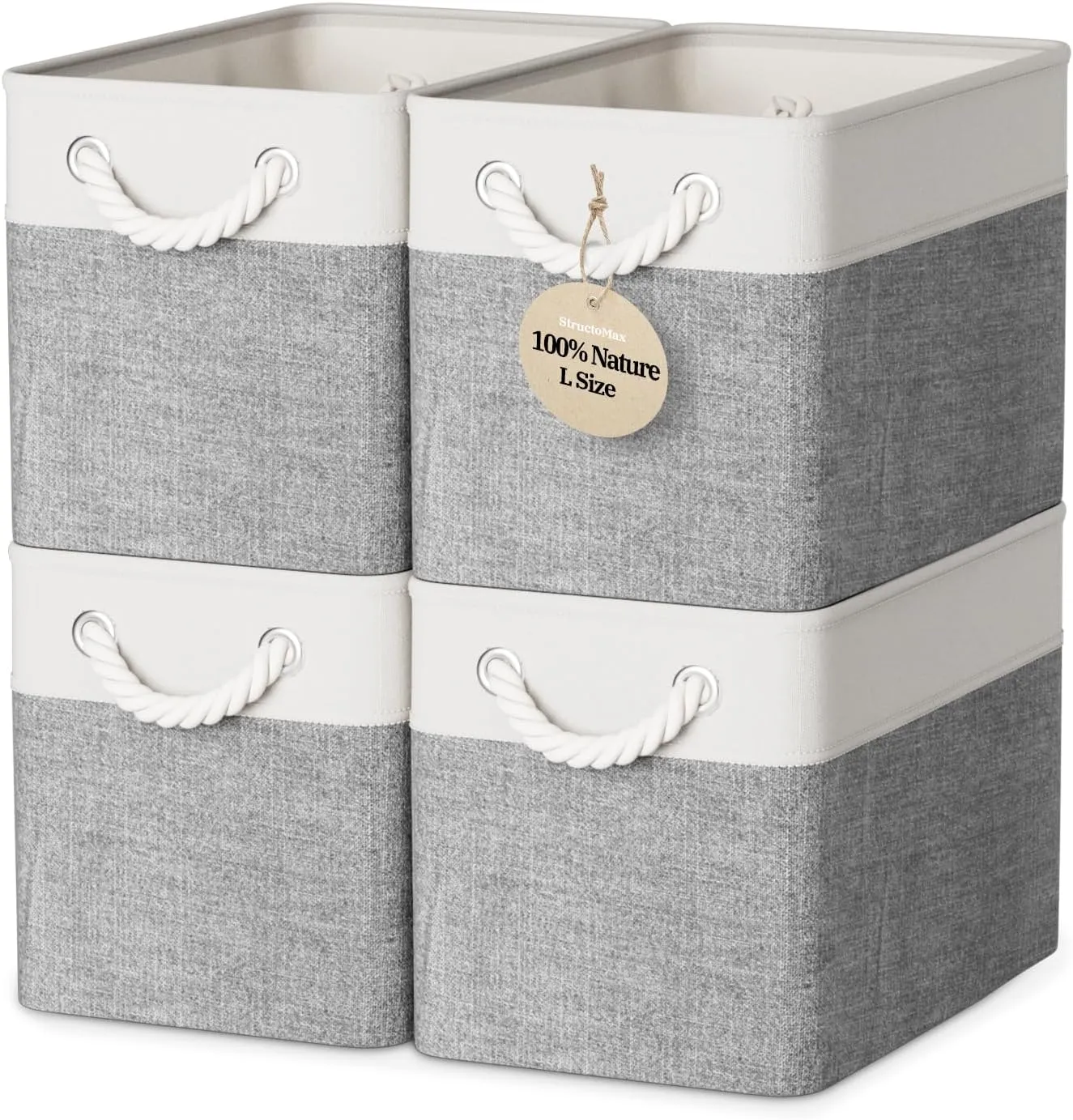 Storage Baskets - Natural Breathable Cotton Linen Material and Durable Handles - Collapsible Storage Bins for Organizing Shelves, Closet, Toys, Books