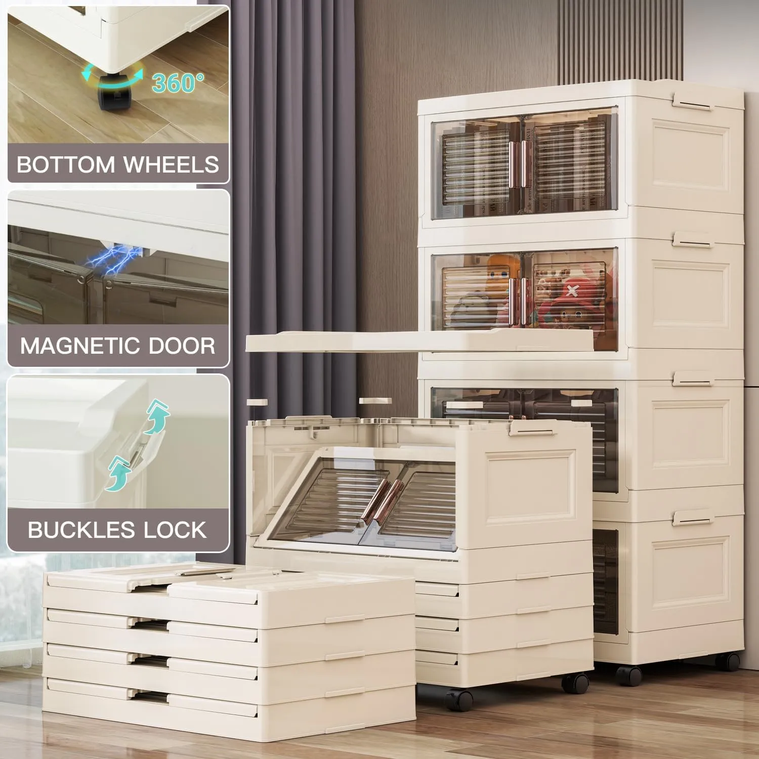 Storage Bins with Lid, 115 Gal/450 Qt Collapsible Storage Box with Doors and Wheels, Closet Organizer and Storaging,5 Pack Stackable Storage Bins Open Front,Plastic Storage Box for Closet Clothes