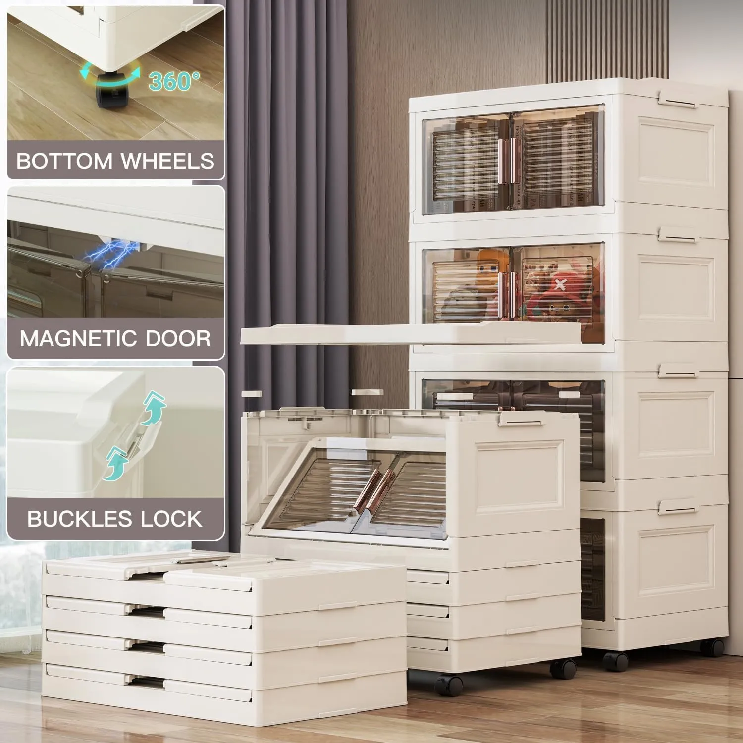 Storage Bins with Lid, 69 Gal/270 Qt Collapsible Storage Box with Doors and Wheels, Closet Organizer and Storaging,3 Pack Stackable Storage Bins Open Front,Plastic Storage Box for Closet Clothes