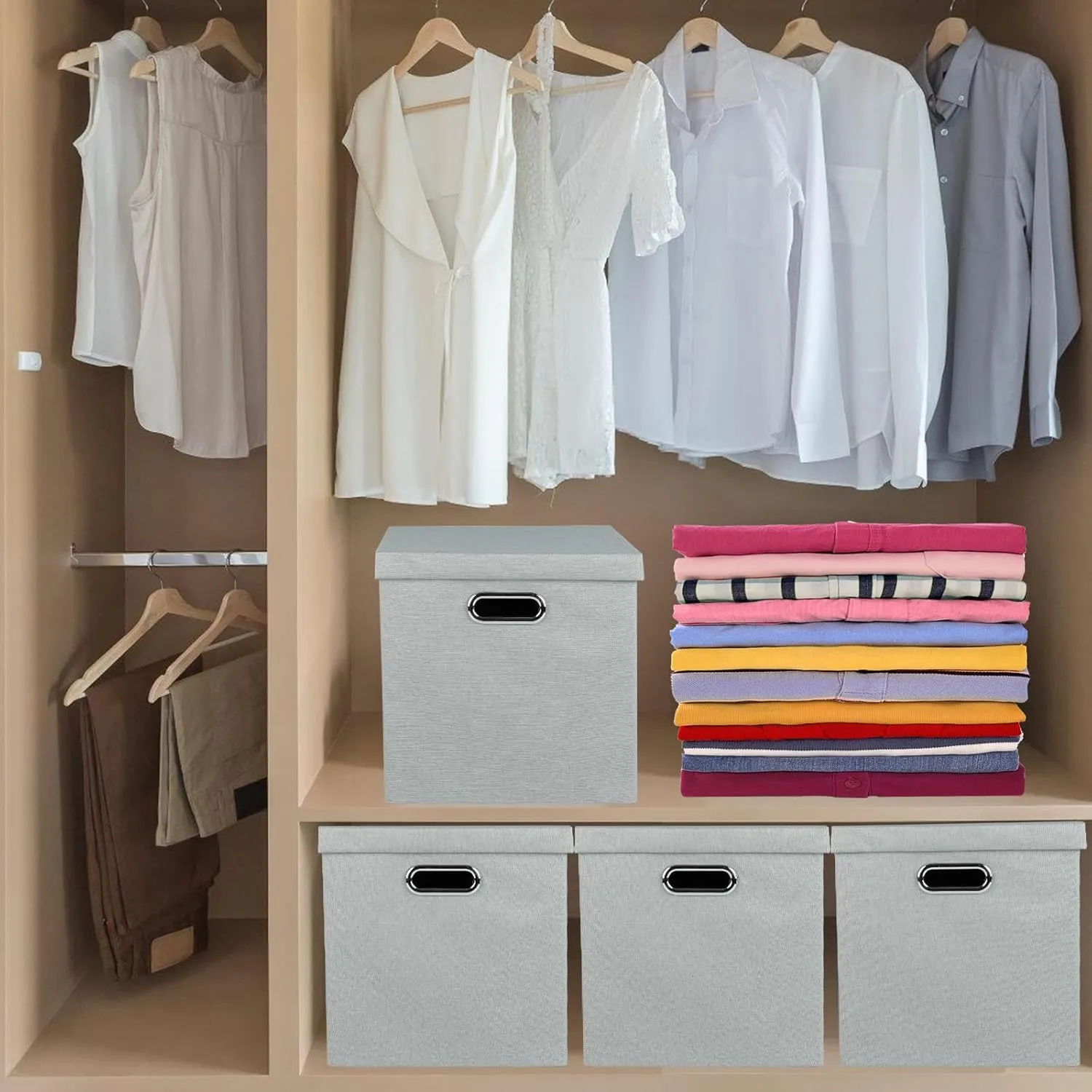 Storage Bins with Lids, Collapsible Linen Fabric Boxes Organizer Containers with Lid Foldable Storage Box Basket for Closet, Shelves, Home, Office, 12 x 12 x 12 Inch, 4 Pack, Gray
