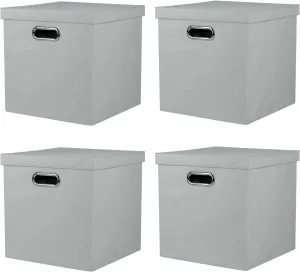 Storage Bins with Lids, Collapsible Linen Fabric Boxes Organizer Containers with Lid Foldable Storage Box Basket for Closet, Shelves, Home, Office, 12 x 12 x 12 Inch, 4 Pack, Gray