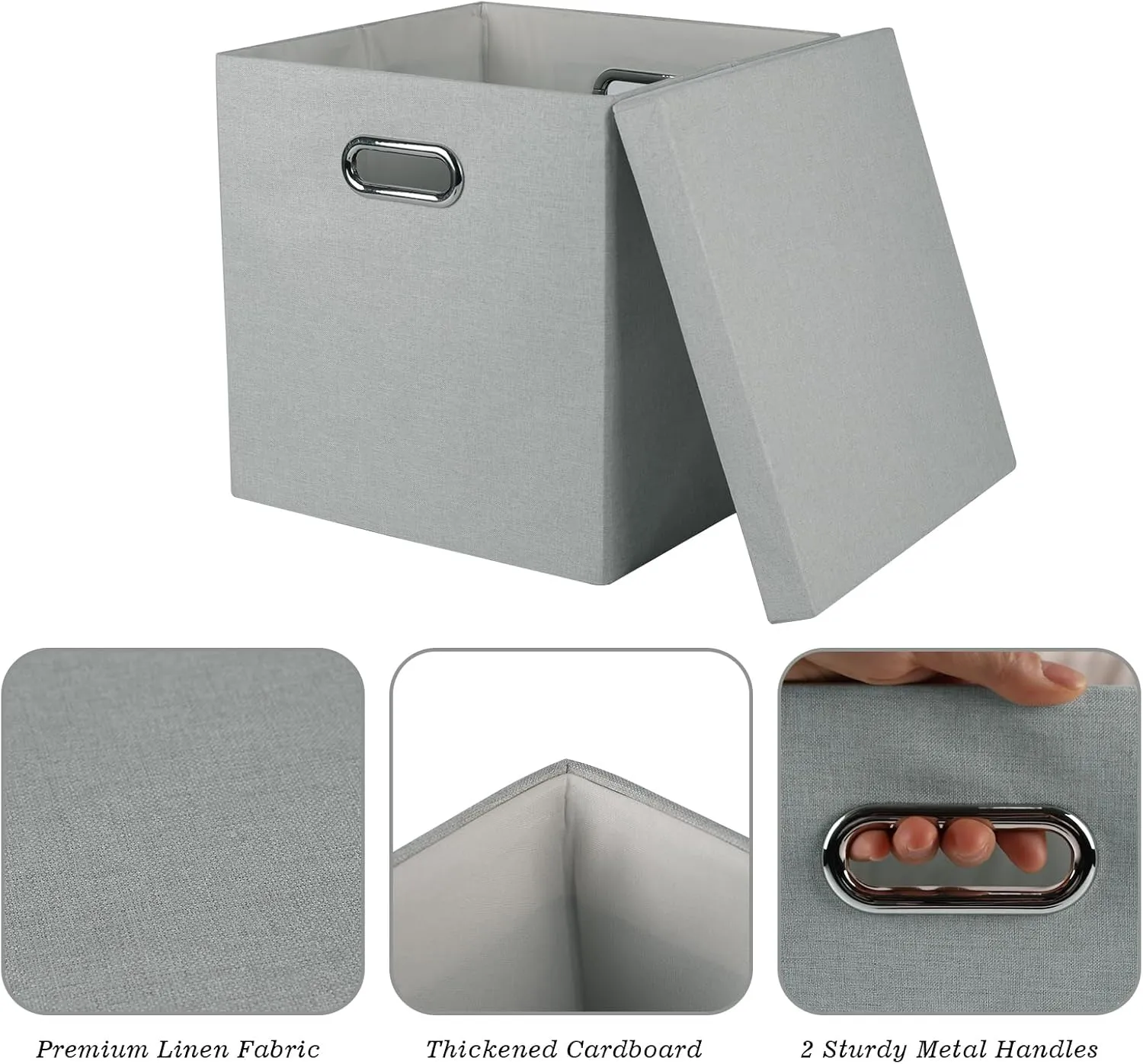 Storage Bins with Lids, Collapsible Linen Fabric Boxes Organizer Containers with Lid Foldable Storage Box Basket for Closet, Shelves, Home, Office, 12 x 12 x 12 Inch, 4 Pack, Gray
