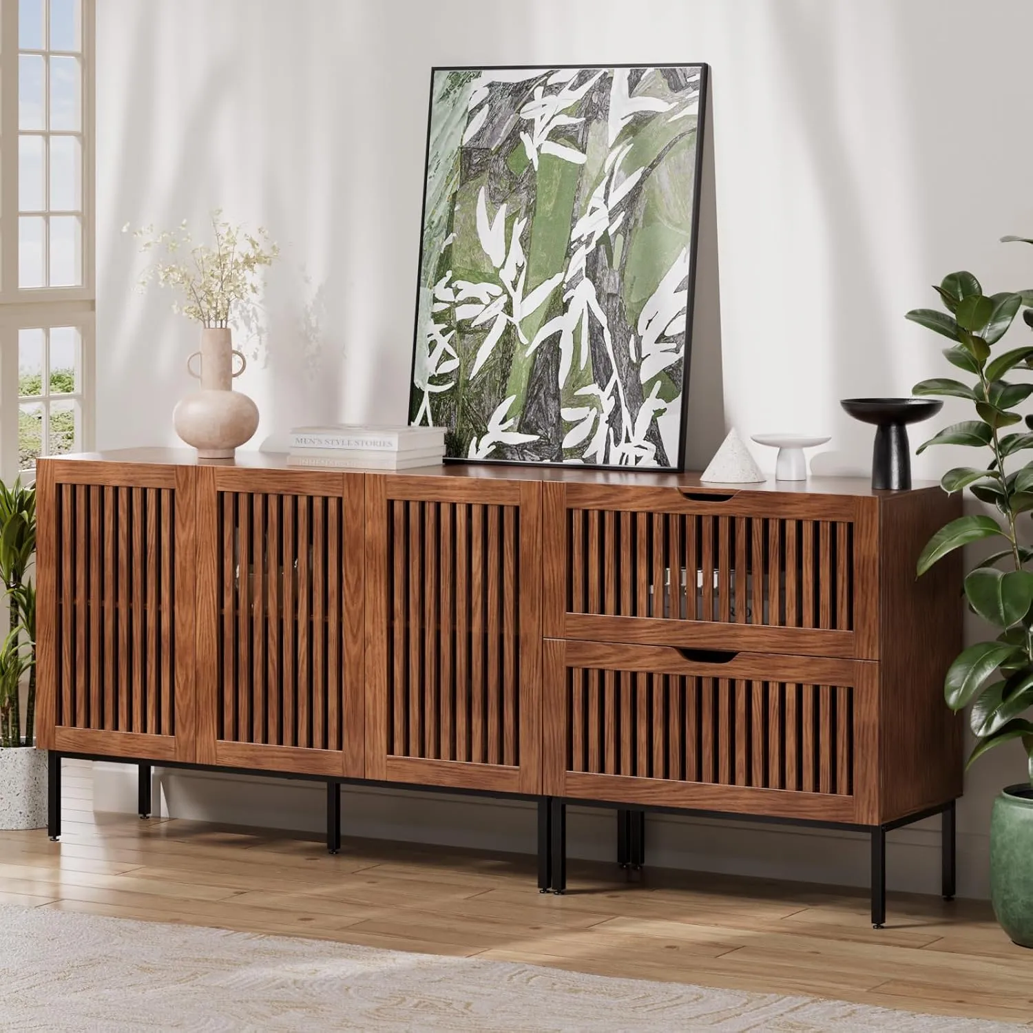 Storage Cabinet,75" Farmhouse Buffet Cabinet with Metal Base and Adjustable Shelves,Sideboard Coffee Bar Cabinet with 3 Doors for Kitchen,Dining Room,Living Room,Brown