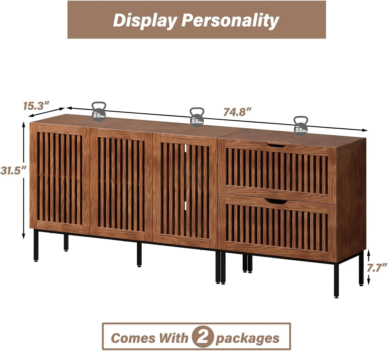 Storage Cabinet,75" Farmhouse Buffet Cabinet with Metal Base and Adjustable Shelves,Sideboard Coffee Bar Cabinet with 3 Doors for Kitchen,Dining Room,Living Room,Brown
