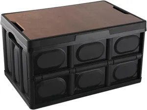 Storage Camping Box with Wooden Lid & Waterproof Bag - 55L Large Folding Stackable Plastic Storage Bin, Portable Organizer Cube for Camping, Car Storag