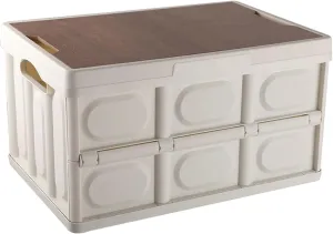Storage Camping Box with Wooden Lid & Waterproof Bag - 55L Large Folding Stackable Plastic Storage Bin, Portable Organizer Cube for Camping, Car Storag