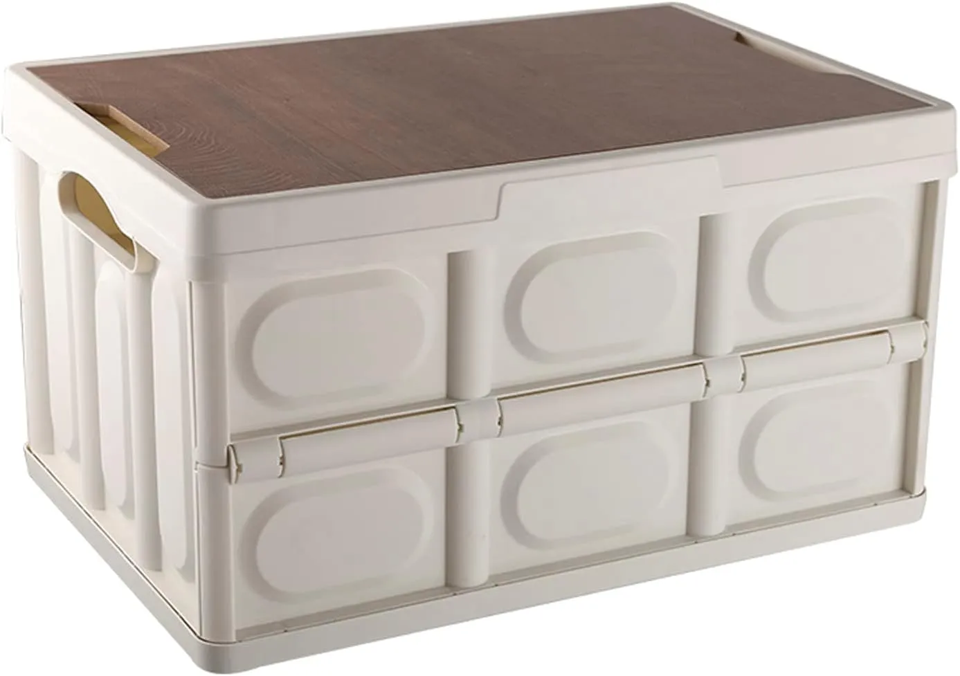 Storage Camping Box with Wooden Lid & Waterproof Bag - 55L Large Folding Stackable Plastic Storage Bin, Portable Organizer Cube for Camping, Car Storag