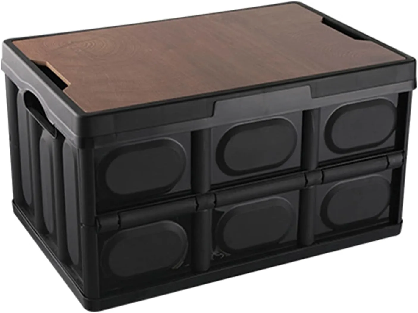 Storage Camping Box with Wooden Lid & Waterproof Bag - 55L Large Folding Stackable Plastic Storage Bin, Portable Organizer Cube for Camping, Car Storag