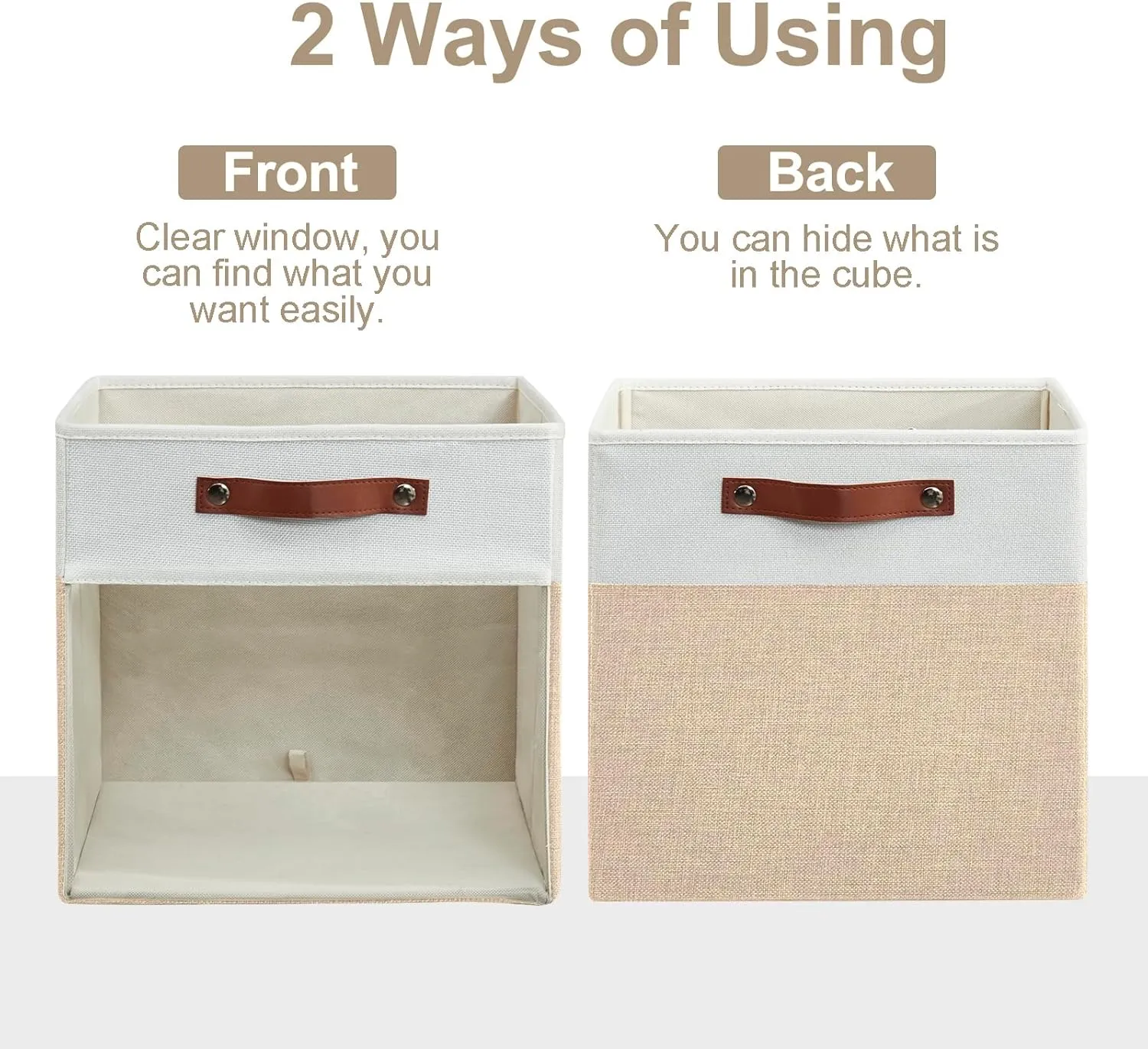 Storage Cubes, 4 Pack Linen Foldable Storage Bins (13 x 13 inch) with Clear Window and Handles, Fabric Organizer for Shelf Closet, Clothes, Books - (Beige and White)