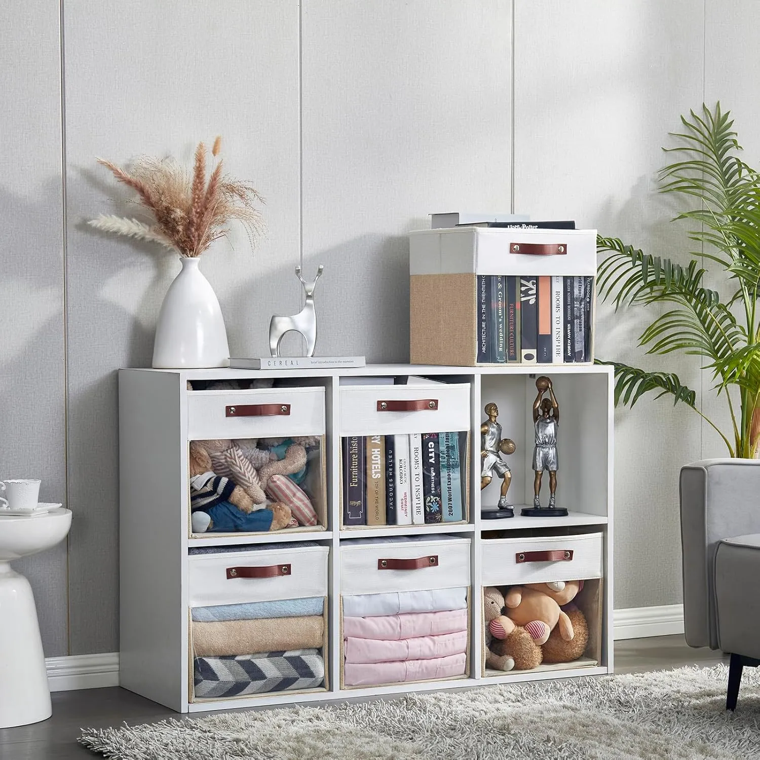 Storage Cubes, 4 Pack Linen Foldable Storage Bins (13 x 13 inch) with Clear Window and Handles, Fabric Organizer for Shelf Closet, Clothes, Books - (Beige and White)