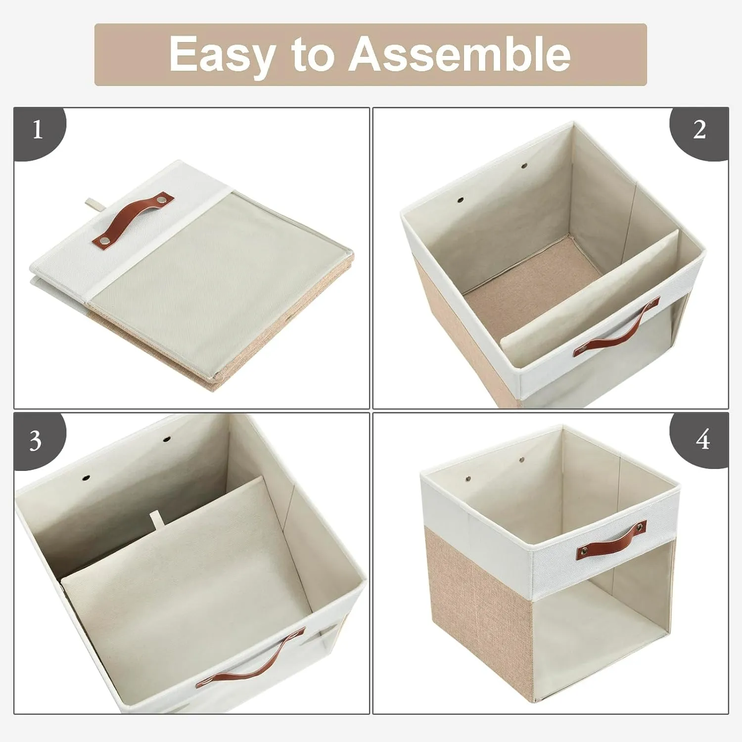 Storage Cubes, 4 Pack Linen Foldable Storage Bins (13 x 13 inch) with Clear Window and Handles, Fabric Organizer for Shelf Closet, Clothes, Books - (Beige and White)
