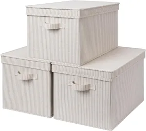 StorageWorks Lidded Storage Bins, Foldable Decorative Boxes, Fabric Basket with Handles, Jumbo, Khaki Stripe, 3-Pack