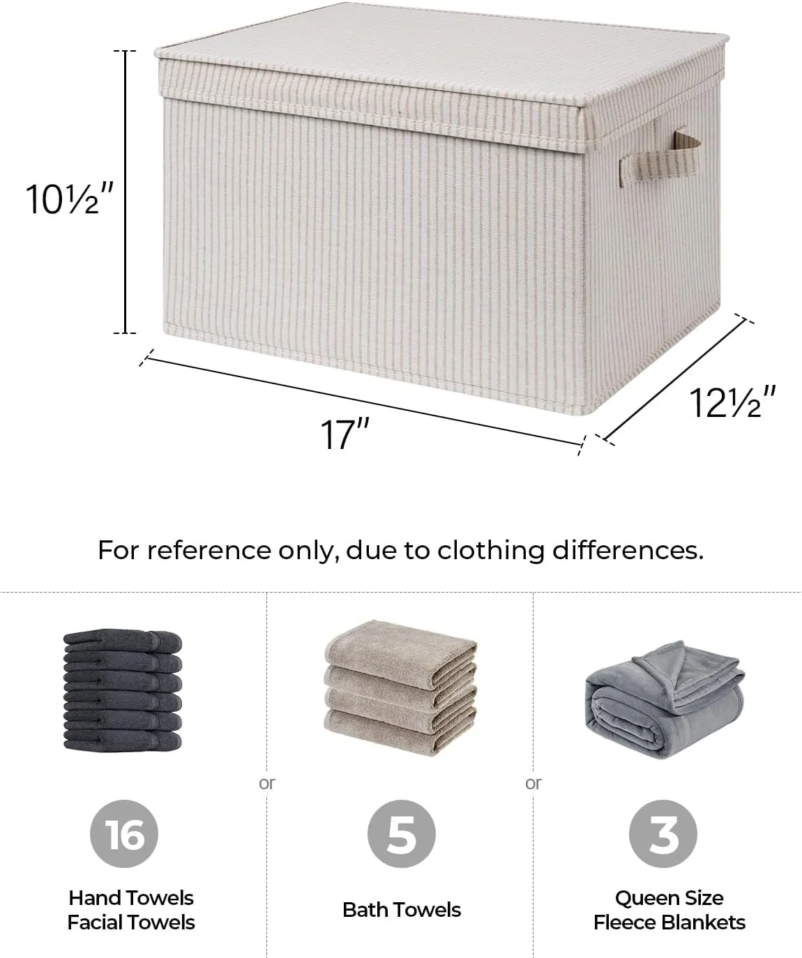 StorageWorks Lidded Storage Bins, Foldable Decorative Boxes, Fabric Basket with Handles, Jumbo, Khaki Stripe, 3-Pack