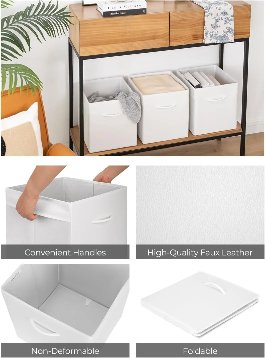 StorageWorks White Storage Cubes, 11-inch Storage Cubes with Handle, Cube Organizer Baskets for Shelves and Closet, Collapsible Storage Bins, 4-Pack