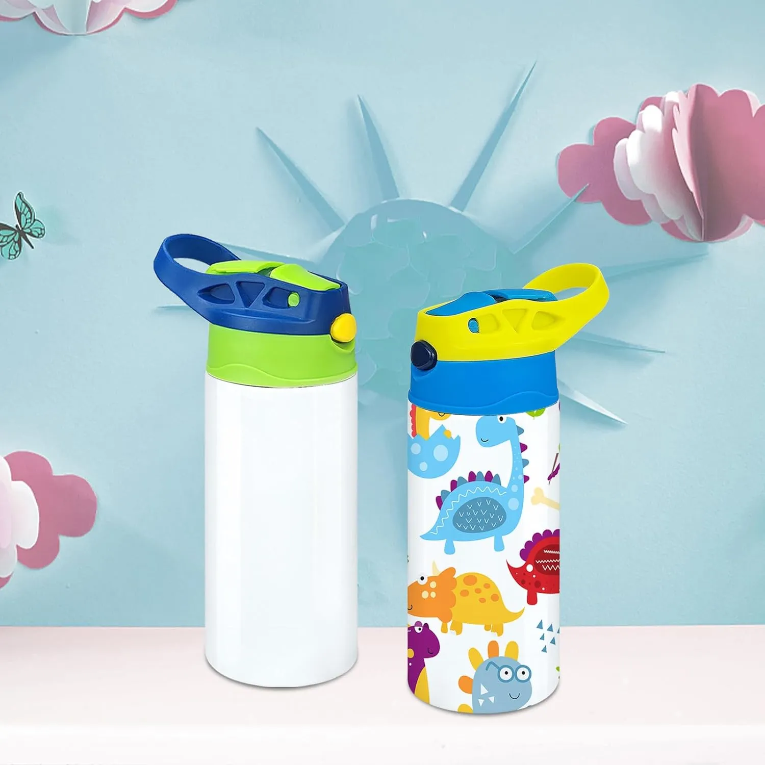 Sublimation Sippy Cup,12oz Stainless Steel Toddler Water Bottle,Double Wall Vacuum Insulated Sippy Tumbler with Handle Spill Proof and Shrink Films,Children Thermos
