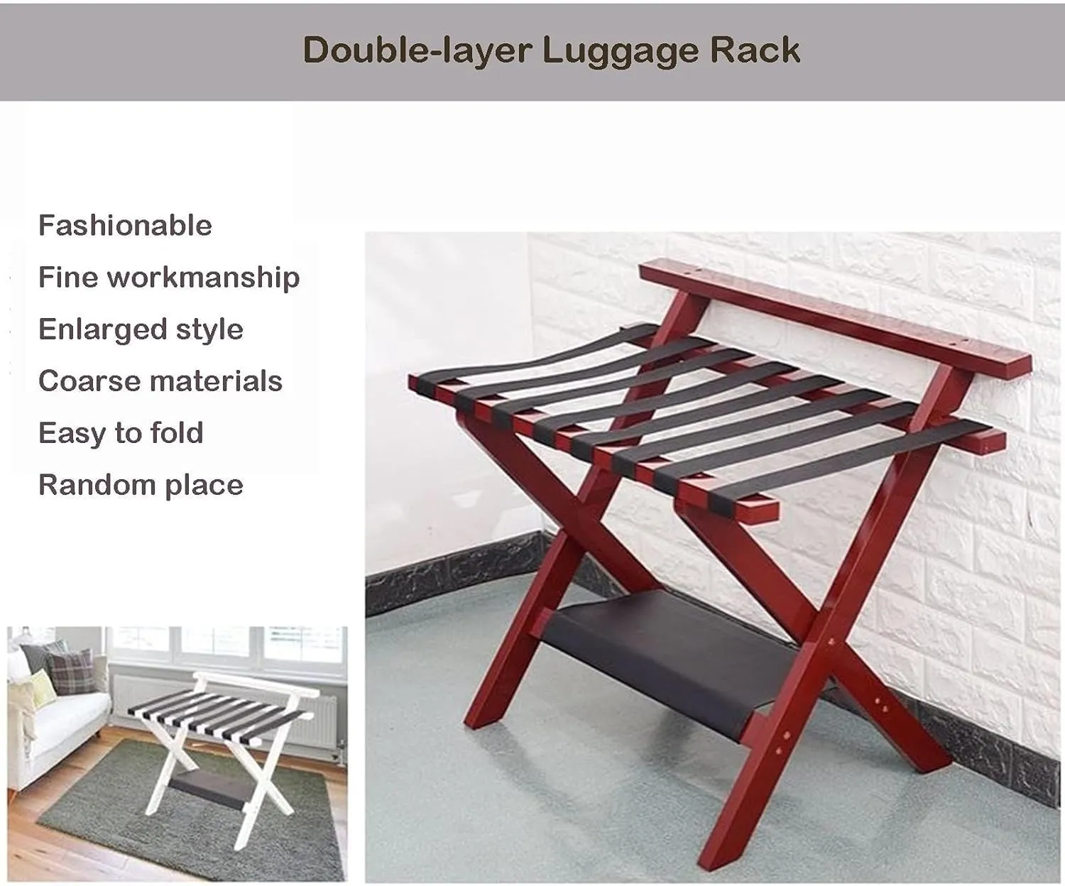 Suitcase Stand for Guest Room - Luggage Rack, Solid Wood Travel Bag Organizer, Hotel/Bedroom/Guest Room, Double Layer Luggage Rack with Backrest, Home Hotel Foldable Suitcase Rack(Red,1pcs)