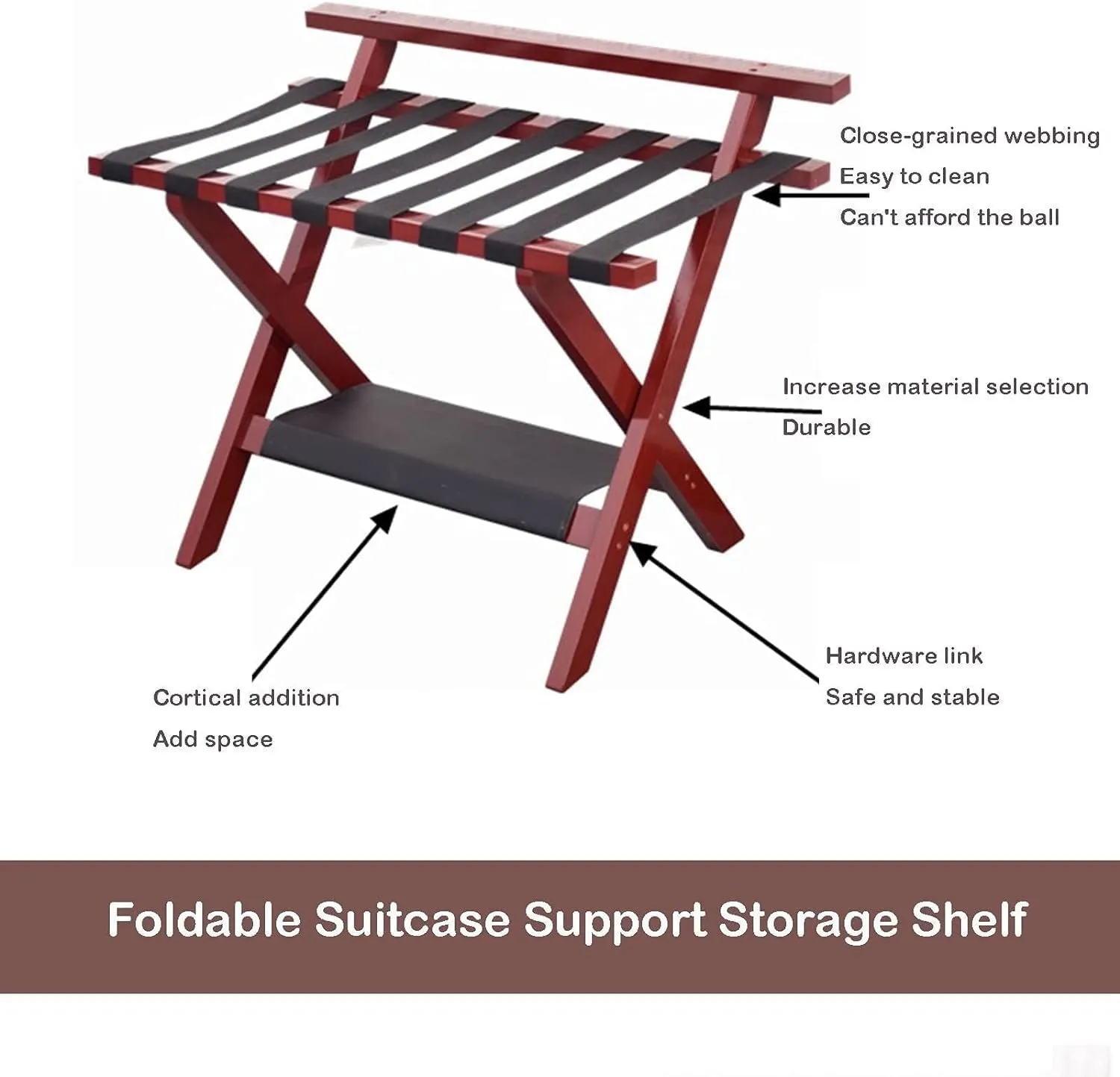 Suitcase Stand for Guest Room - Luggage Rack, Solid Wood Travel Bag Organizer, Hotel/Bedroom/Guest Room, Double Layer Luggage Rack with Backrest, Home Hotel Foldable Suitcase Rack(Red,1pcs)