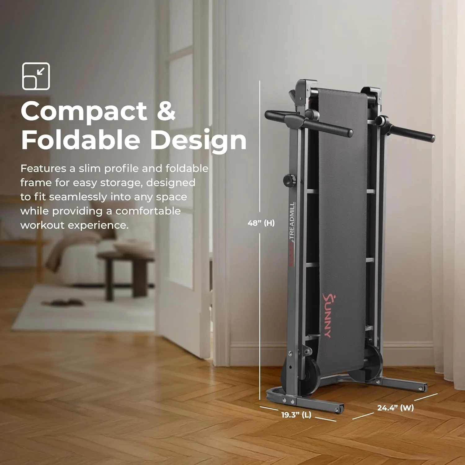 Sunny Health & Fitness Compact & Foldable Treadmill, Non-Slip Surface, Optional Dual Mode Walking/Running, Non-Electric Fixed Incline, Digital Monitor, Smart Bluetooth Connection with SunnyFit App