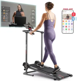 Sunny Health & Fitness Compact & Foldable Treadmill, Non-Slip Surface, Optional Dual Mode Walking/Running, Non-Electric Fixed Incline, Digital Monitor, Smart Bluetooth Connection with SunnyFit App