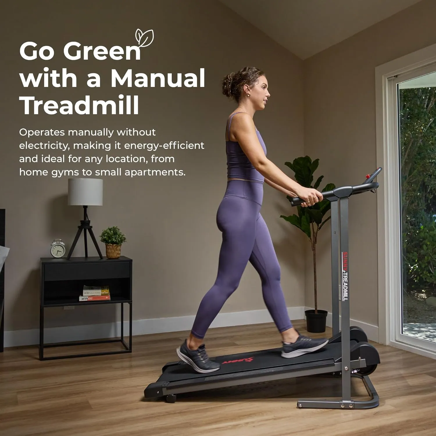 Sunny Health & Fitness Compact & Foldable Treadmill, Non-Slip Surface, Optional Dual Mode Walking/Running, Non-Electric Fixed Incline, Digital Monitor, Smart Bluetooth Connection with SunnyFit App
