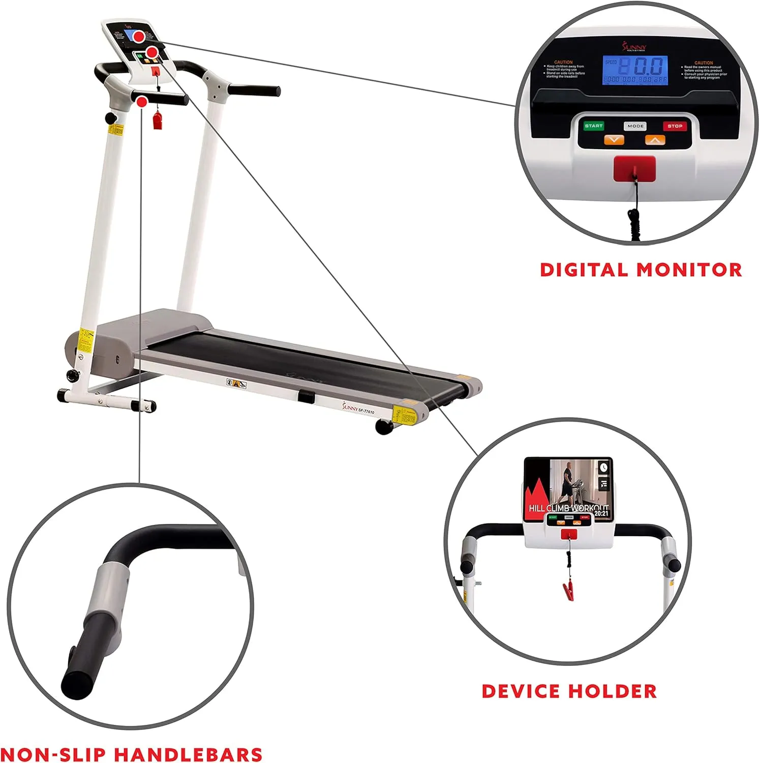 Sunny Health & Fitness Compact Foldable Treadmill - Easy Assembly, Quiet Operation, LCD Performance Monitor, Device Holder - Running & Walking Exercise, Optional Free SunnyFit App Bluetooth Connection