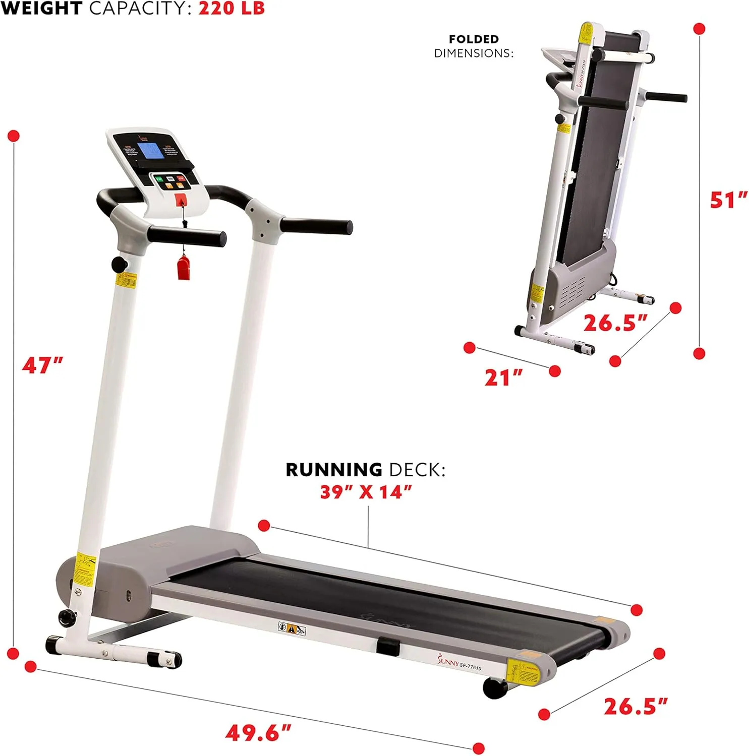 Sunny Health & Fitness Compact Foldable Treadmill - Easy Assembly, Quiet Operation, LCD Performance Monitor, Device Holder - Running & Walking Exercise, Optional Free SunnyFit App Bluetooth Connection