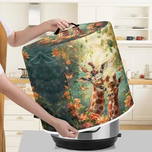 Suobstales Giraffe Butterfly Flower Print Dust Cover with Pocket for 3 Quart Instant Pot, Large Size Rice Cooker Air Fryer Round Protective Cover Washable Electric Appliance Cover Easy to Clean, S