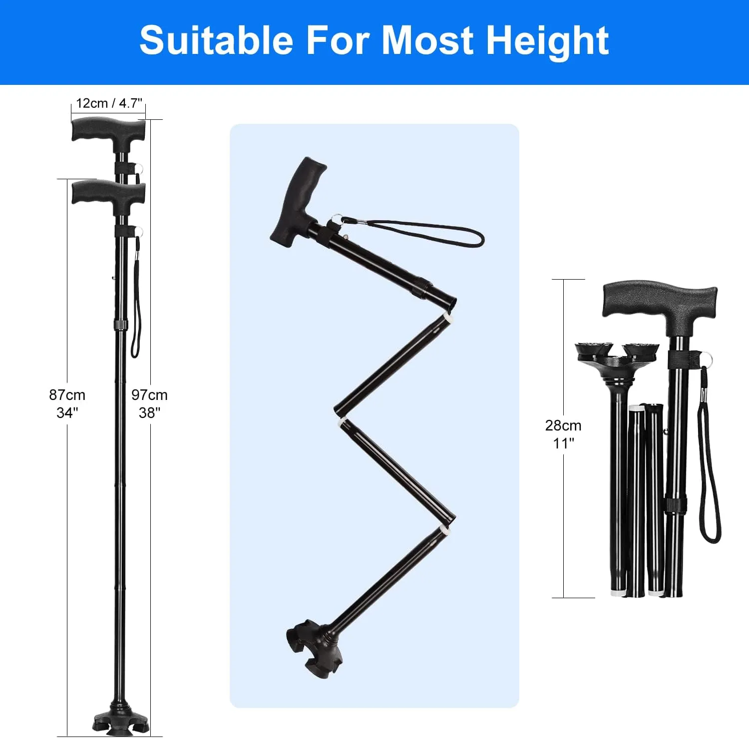 supregear Walking Cane for Men and Women - Foldable, Adjustable, Collapsible, Free Standing Cane with Pivot Tip, Heavy Duty Walking Sticks, Sleek Folding Canes for Seniors and Adults