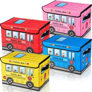 Sweetude 4 Pcs Prize Box for Classroom, School Bus Treasure Box Foldable Chest Storage Box Kids Toy Chest with Lid Treasure Storage Organizer Bin for Teachers Students Awards (Yellow, Pink, Red, Blue)