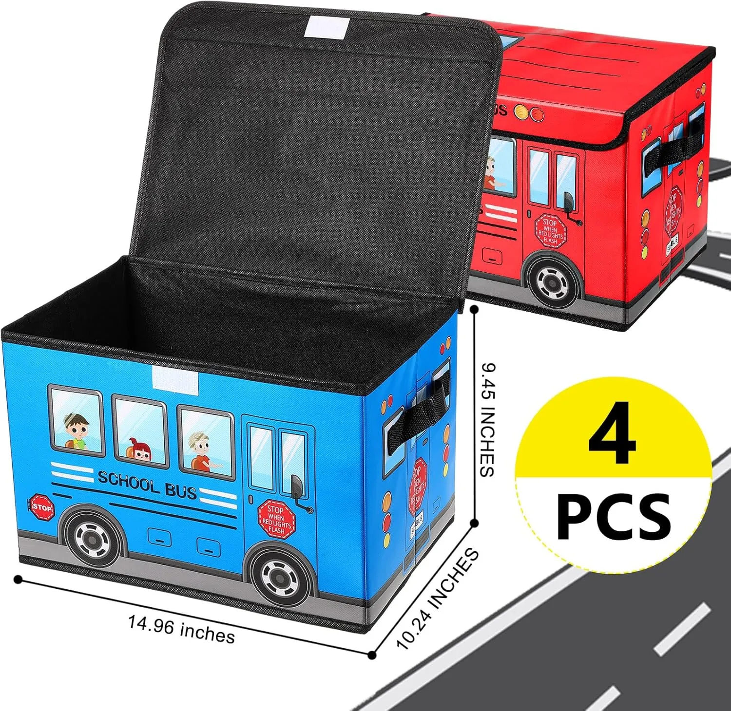 Sweetude 4 Pcs Prize Box for Classroom, School Bus Treasure Box Foldable Chest Storage Box Kids Toy Chest with Lid Treasure Storage Organizer Bin for Teachers Students Awards (Yellow, Pink, Red, Blue)
