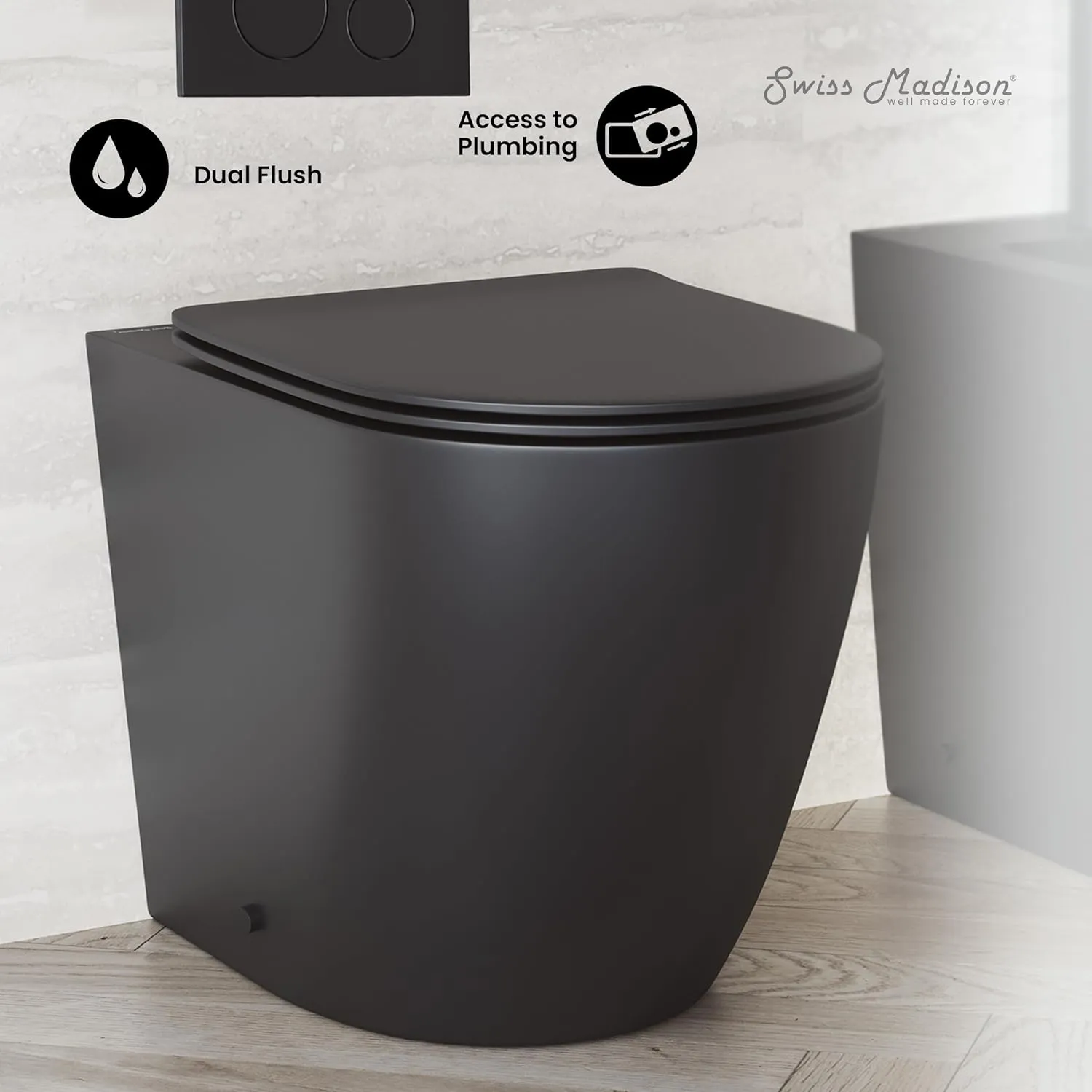 Swiss Madison Well Made Forever SM-WT514MB, St. Tropez Back to Wall Concealed Tank Toilet Bowl in Matte Black