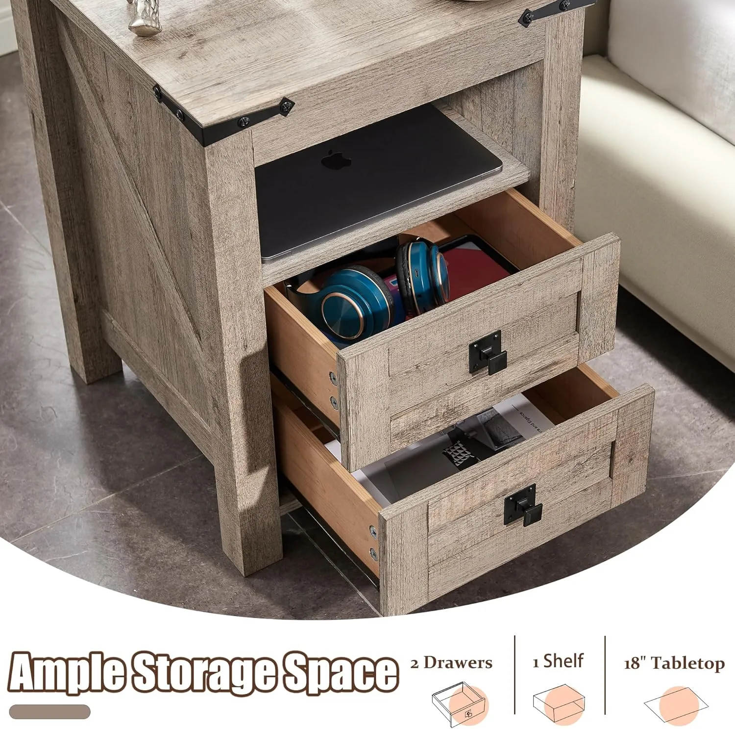 T4TREAM Nightstand with Charging Station, End Table, Side Table with 2 Drawers Storage Cabinet for Bedroom, Living Room, Farmhouse Design, Wood Rustic,Light Rustic Oak