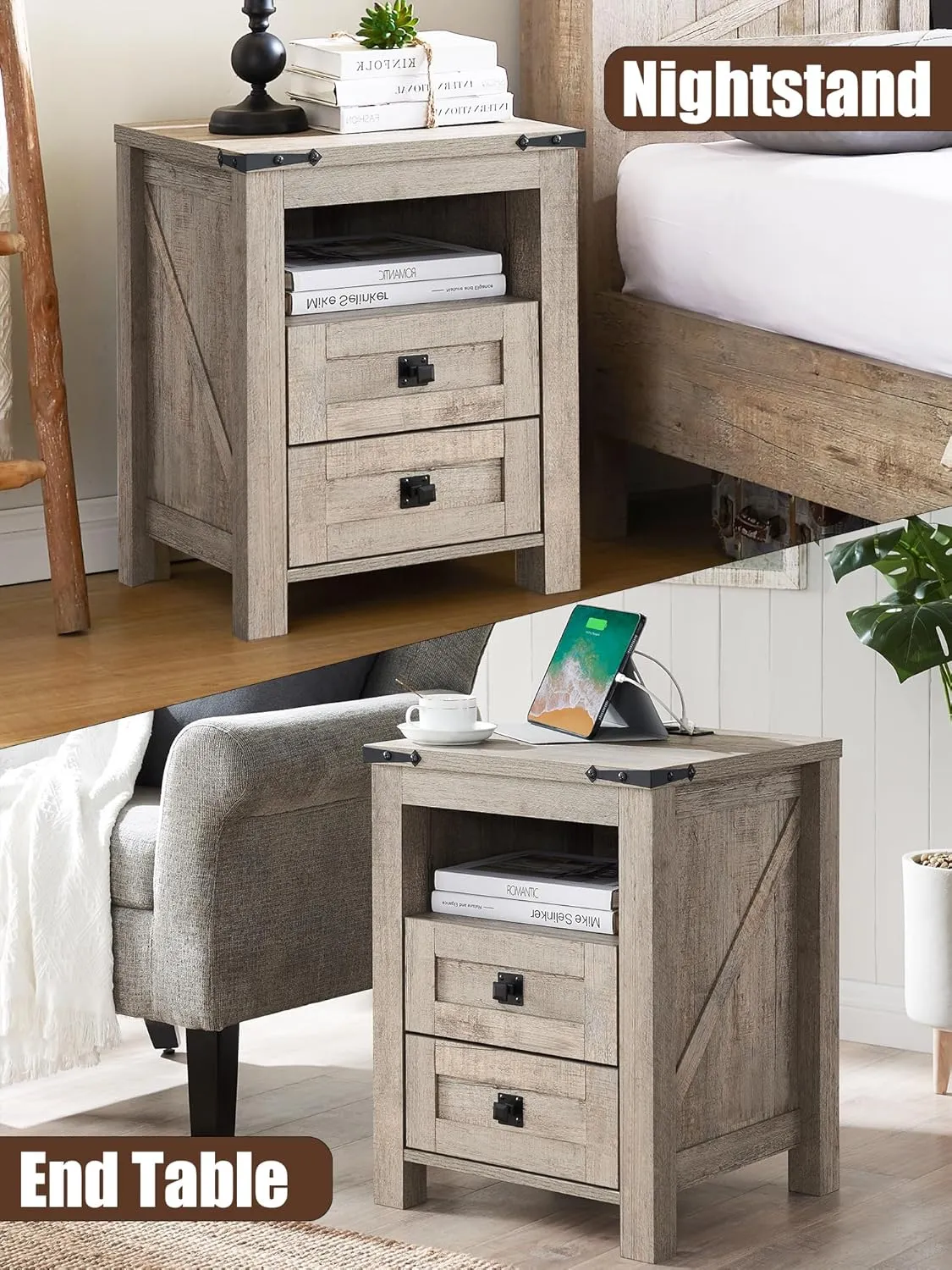 T4TREAM Nightstand with Charging Station, End Table, Side Table with 2 Drawers Storage Cabinet for Bedroom, Living Room, Farmhouse Design, Wood Rustic,Light Rustic Oak