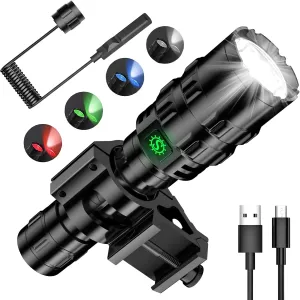 Tactical Flashlight,1600LM Light for 984FT Beam Distance, IP65 Waterproof Level 5 Lighting Modes Picatinny Flashlight with Remote Pressure Switch, Red,White,Bule,Green Light for Hunting