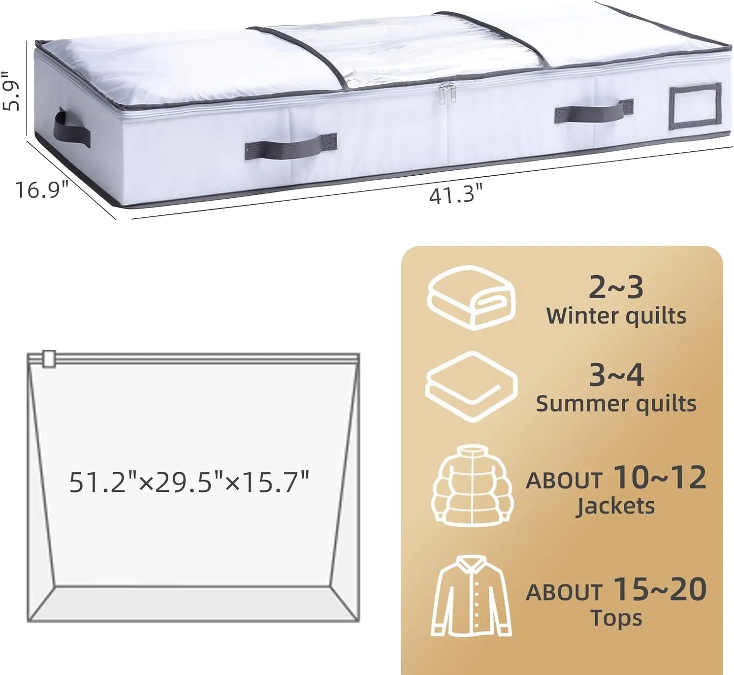 TAILI Under Bed Jumbo Vacuum Seal Storage Bags for Comforters and Blankets, Large Capacity White Foldable Box Save 80% Space, 41" x 17.7" x 6"