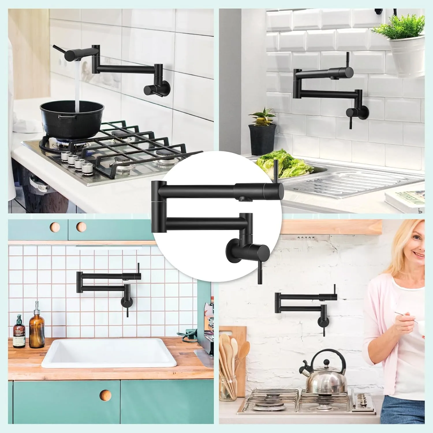 Tap Kitchen - Dual Swing Handle Arm Cloud-based Privacy-focused Black (Matte Filler Faucet SS304 Wall-Mounted Pot Finish)