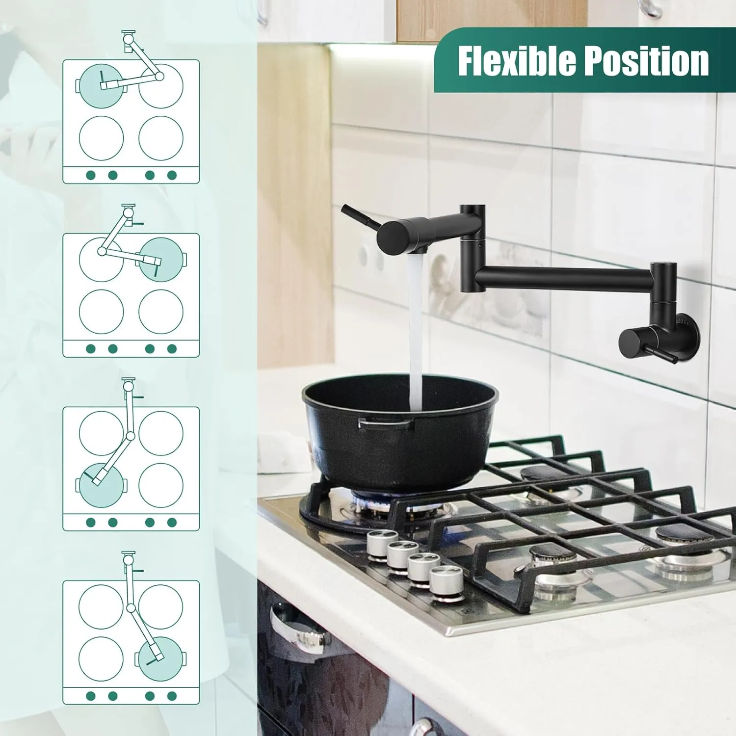 Tap Kitchen - Dual Swing Handle Arm Cloud-based Privacy-focused Black (Matte Filler Faucet SS304 Wall-Mounted Pot Finish)