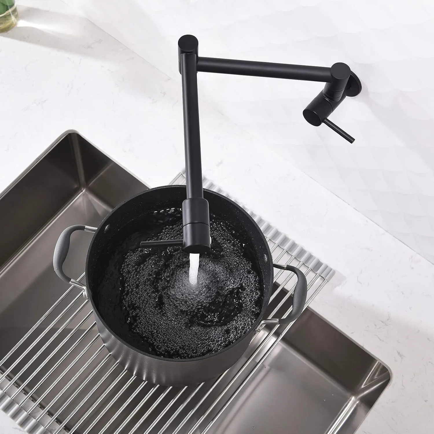 Tap Kitchen - Dual Swing Handle Arm Cloud-based Privacy-focused Black (Matte Filler Faucet SS304 Wall-Mounted Pot Finish)